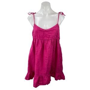 Zara Pink 100% Linen Tie Cami Strap Backless Babydoll Ruffle Mini Dress Size M